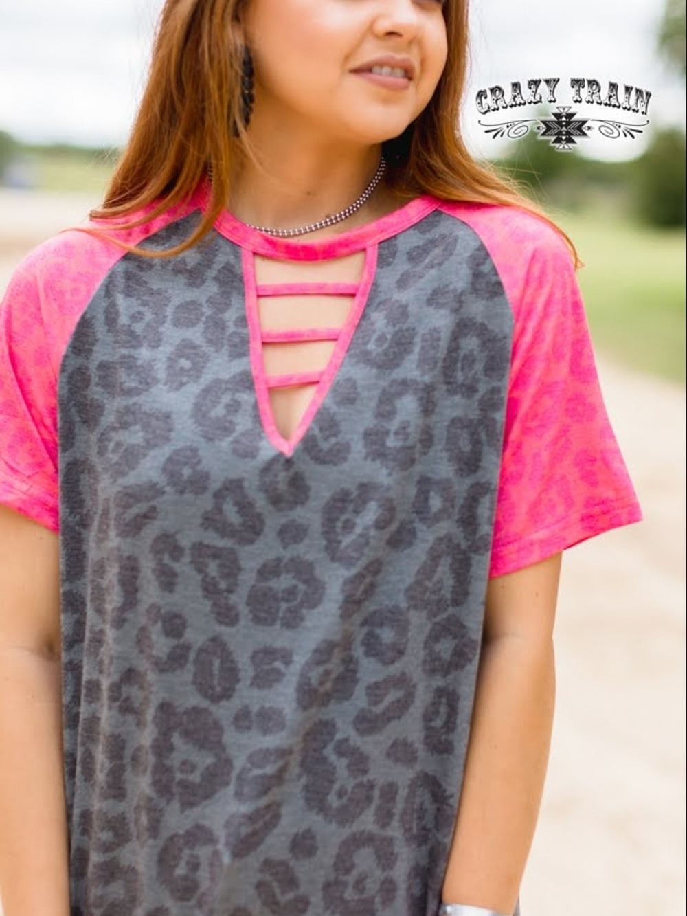 Crazy Train Hot Pink & Gray Leopard Ladder Cutout Raglan Tee